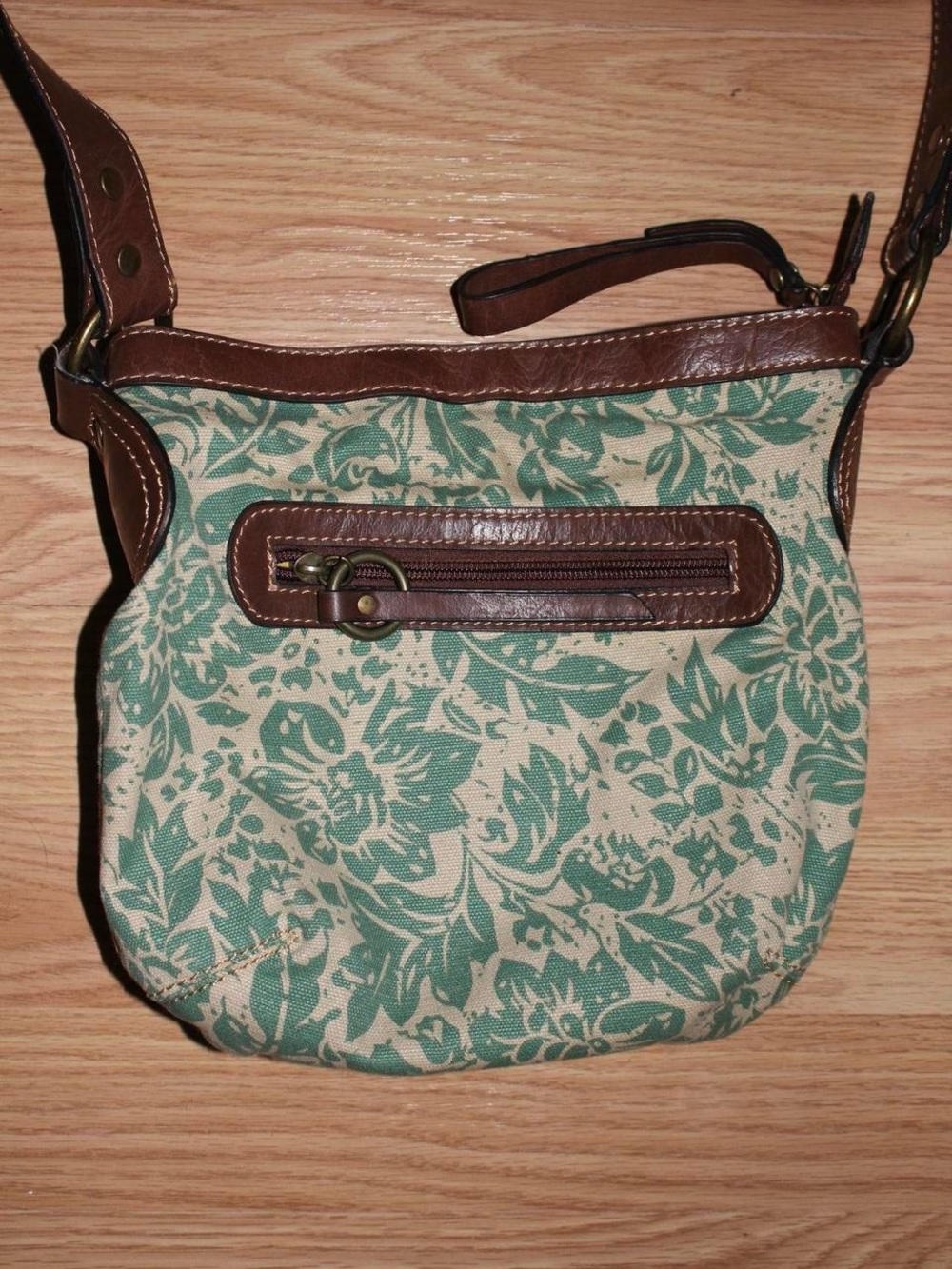 Canvas Floral Crossbody Bag with Brown Trim - Teal & Cream